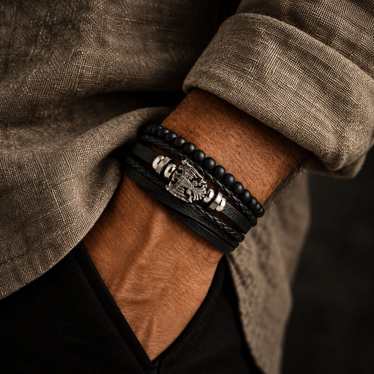 THE MEN THING Leather Bracelet DARK WINGS - 3 Pcs Genuine Braided Leather Bracelet Set for Men & Boys (Adjustable)