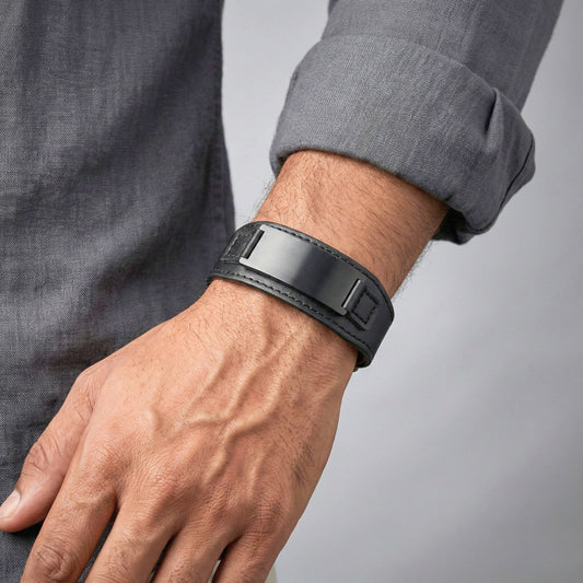 THE MEN THING Leather Bracelet DARKMATTER STRAP BLACK - Genuine Braided Leather Bracelet Set for Men & Boys (8 inch)