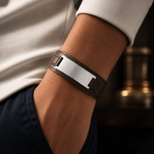 THE MEN THING Leather Bracelet DARKMATTER STRAP SILVER - Genuine Braided Leather Bracelet Set for Men & Boys (8 inch)