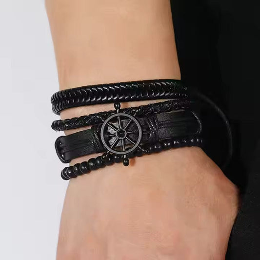 THE MEN THING Leather Bracelet Darkwave Cuff - 4 Pcs Genuine Braided Leather Bracelet Set for Men & Boys (8 inch)