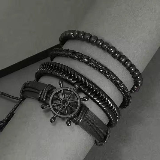 THE MEN THING Leather Bracelet Darkwave Cuff - 4 Pcs Genuine Braided Leather Bracelet Set for Men & Boys (8 inch)