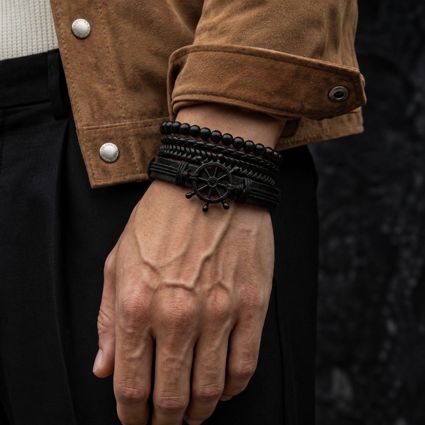 THE MEN THING Leather Bracelet Darkwave Cuff - 4 Pcs Genuine Braided Leather Bracelet Set for Men & Boys (8 inch)