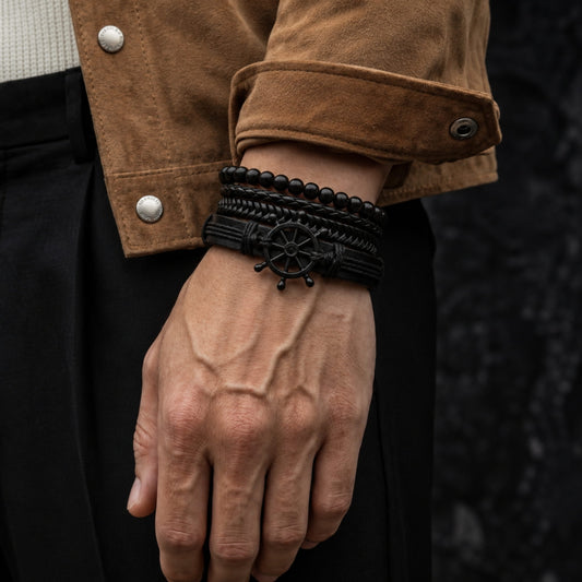 THE MEN THING Leather Bracelet Darkwave Cuff - 4 Pcs Genuine Braided Leather Bracelet Set for Men & Boys (8 inch)