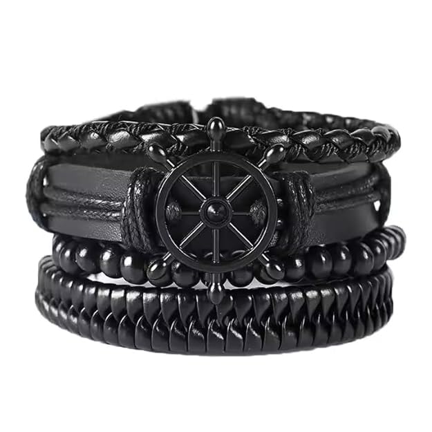 THE MEN THING Leather Bracelet Darkwave Cuff Set of 4 Genuine Braided Leather Adjustable Bracelets for Men & Boys – 8 Inch