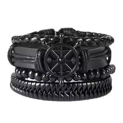 THE MEN THING Leather Bracelet Darkwave Cuff Set of 4 Genuine Braided Leather Adjustable Bracelets for Men & Boys – 8 Inch