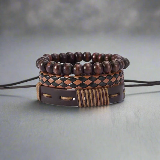 THE MEN THING Leather Bracelet DESERT STORM - 3 Pcs Genuine Braided Leather Bracelet Set for Men & Boys (8 inch)