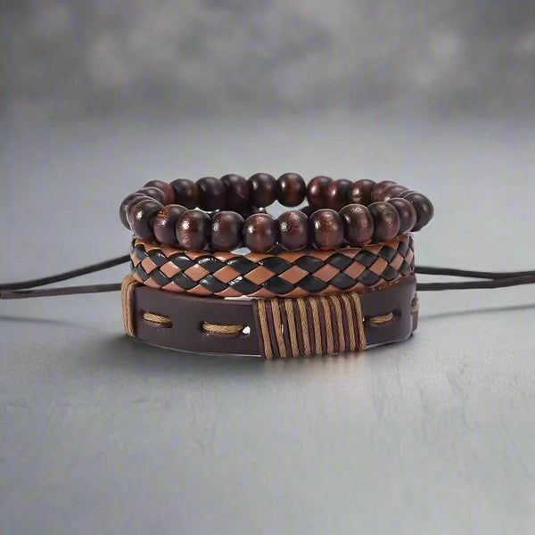 DESERT STORM - 3 Pcs Genuine Braided Leather Bracelet Set for Men & Boys (8 inch)
