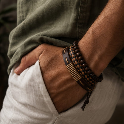 THE MEN THING Leather Bracelet DESERT STORM - 3 Pcs Genuine Braided Leather Bracelet Set for Men & Boys (8 inch)