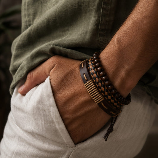 THE MEN THING Leather Bracelet DESERT STORM - 3 Pcs Genuine Braided Leather Bracelet Set for Men & Boys (8 inch)