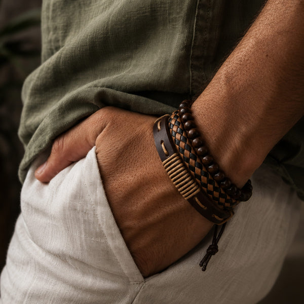 DESERT STORM - 3 Pcs Genuine Braided Leather Bracelet Set for Men & Boys (8 inch)