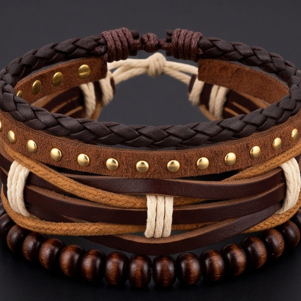 DESERT STUD - 3Pcs Genuine Leather Adjustable Bracelets Set for Men & Boys
