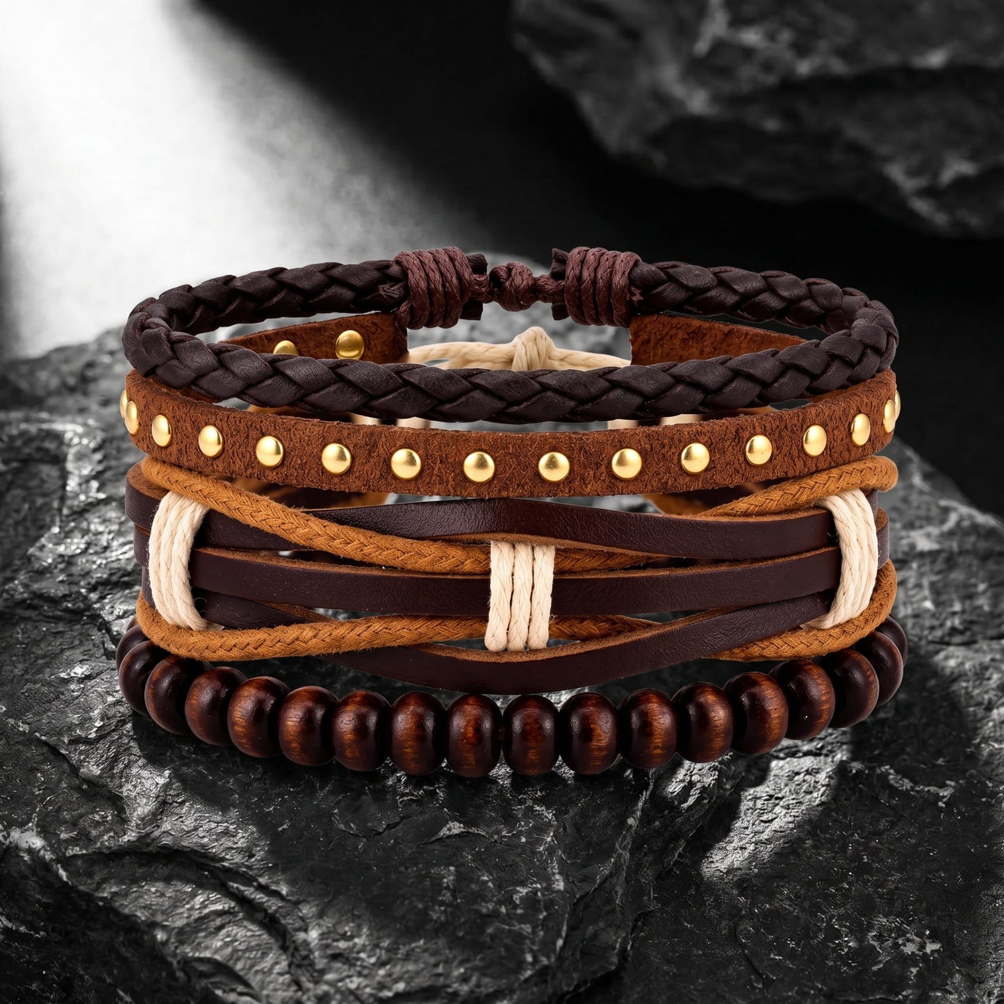 THE MEN THING Leather Bracelet DESERT STUD - 3Pcs Genuine Leather Adjustable Bracelets Set for Men & Boys