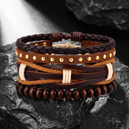 THE MEN THING Leather Bracelet DESERT STUD - 3Pcs Genuine Leather Adjustable Bracelets Set for Men & Boys