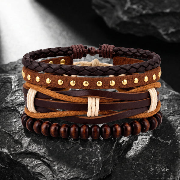 DESERT STUD - 3Pcs Genuine Leather Adjustable Bracelets Set for Men & Boys