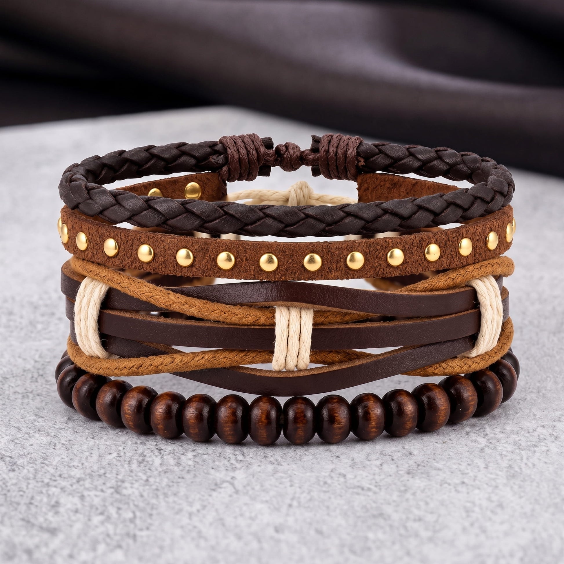 THE MEN THING Leather Bracelet DESERT STUD - 3Pcs Genuine Leather Adjustable Bracelets Set for Men & Boys