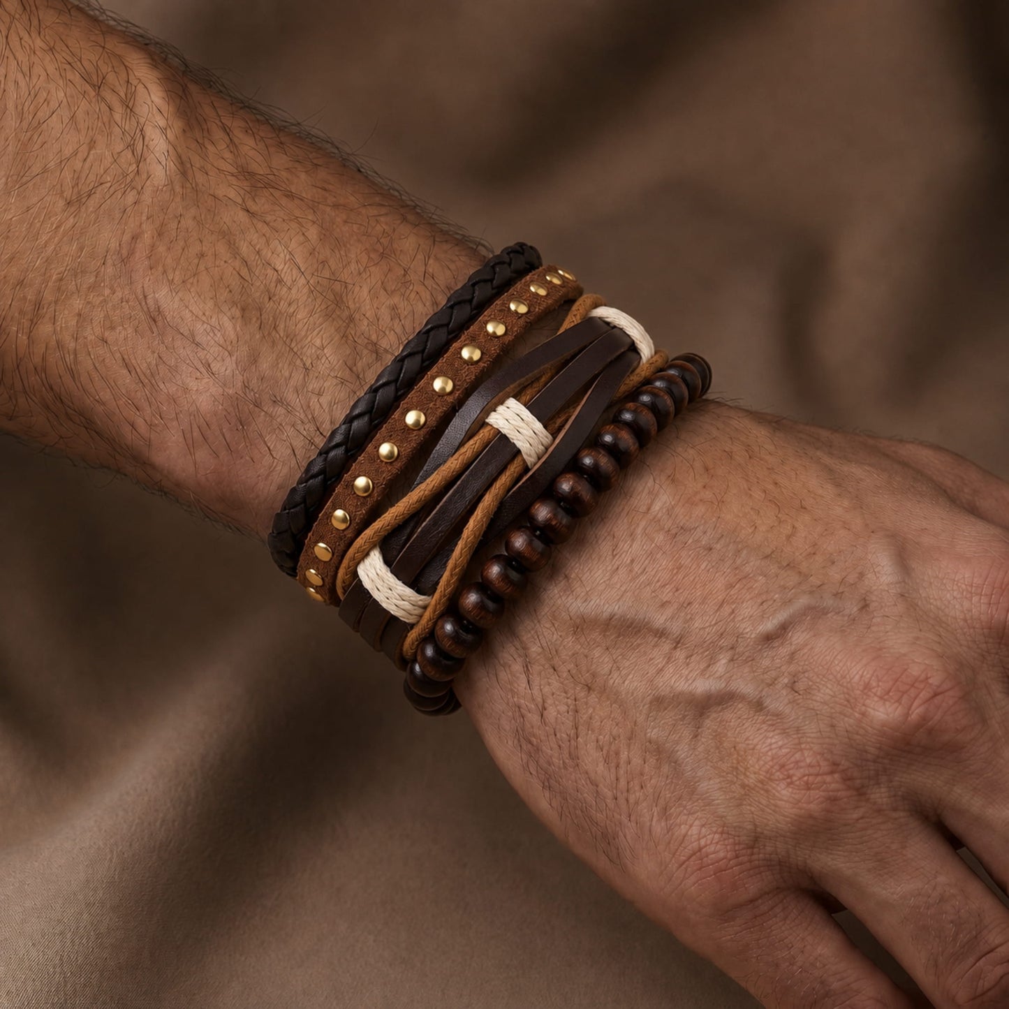 THE MEN THING Leather Bracelet DESERT STUD - 3Pcs Genuine Leather Adjustable Bracelets Set for Men & Boys