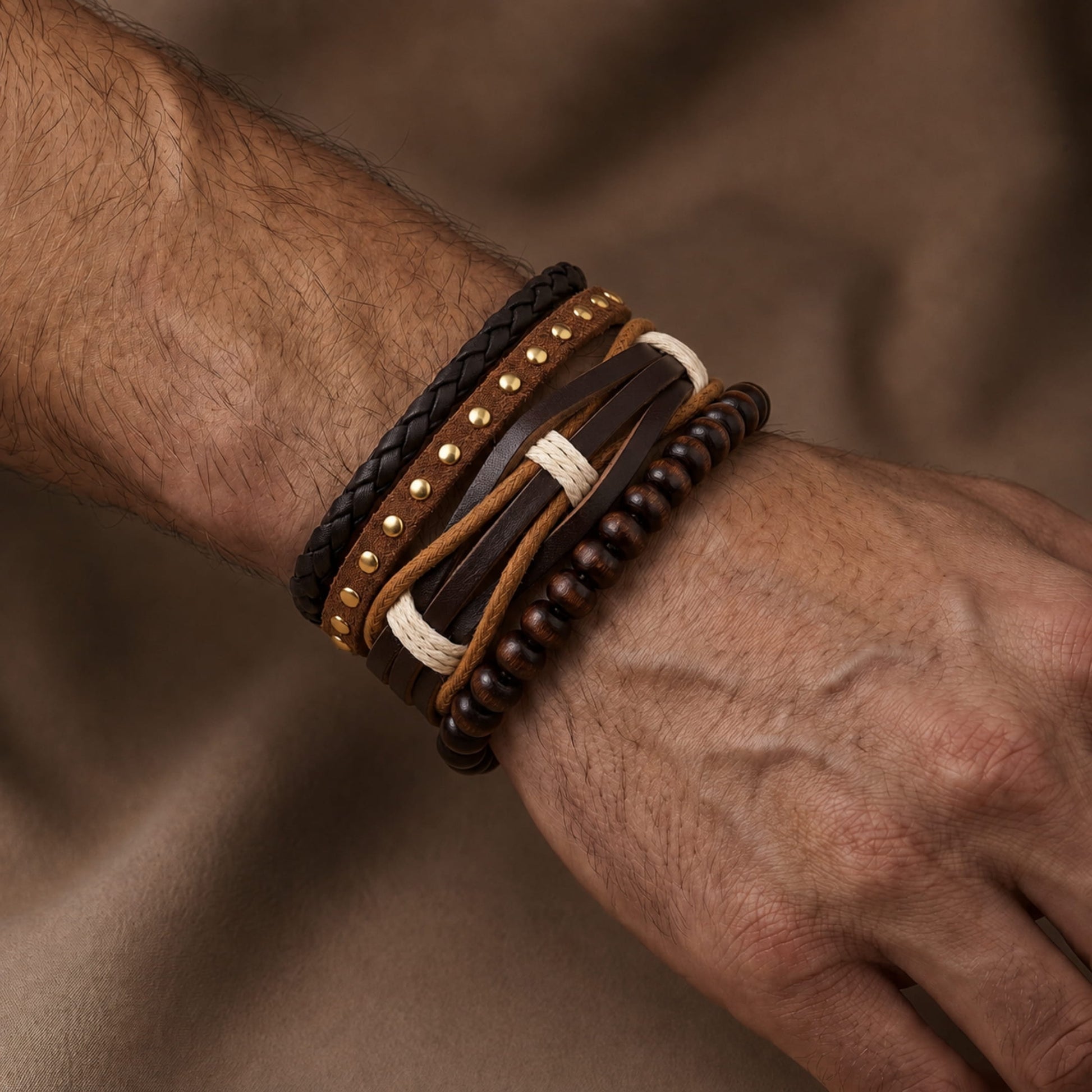 THE MEN THING Leather Bracelet DESERT STUD - 3Pcs Genuine Leather Adjustable Bracelets Set for Men & Boys