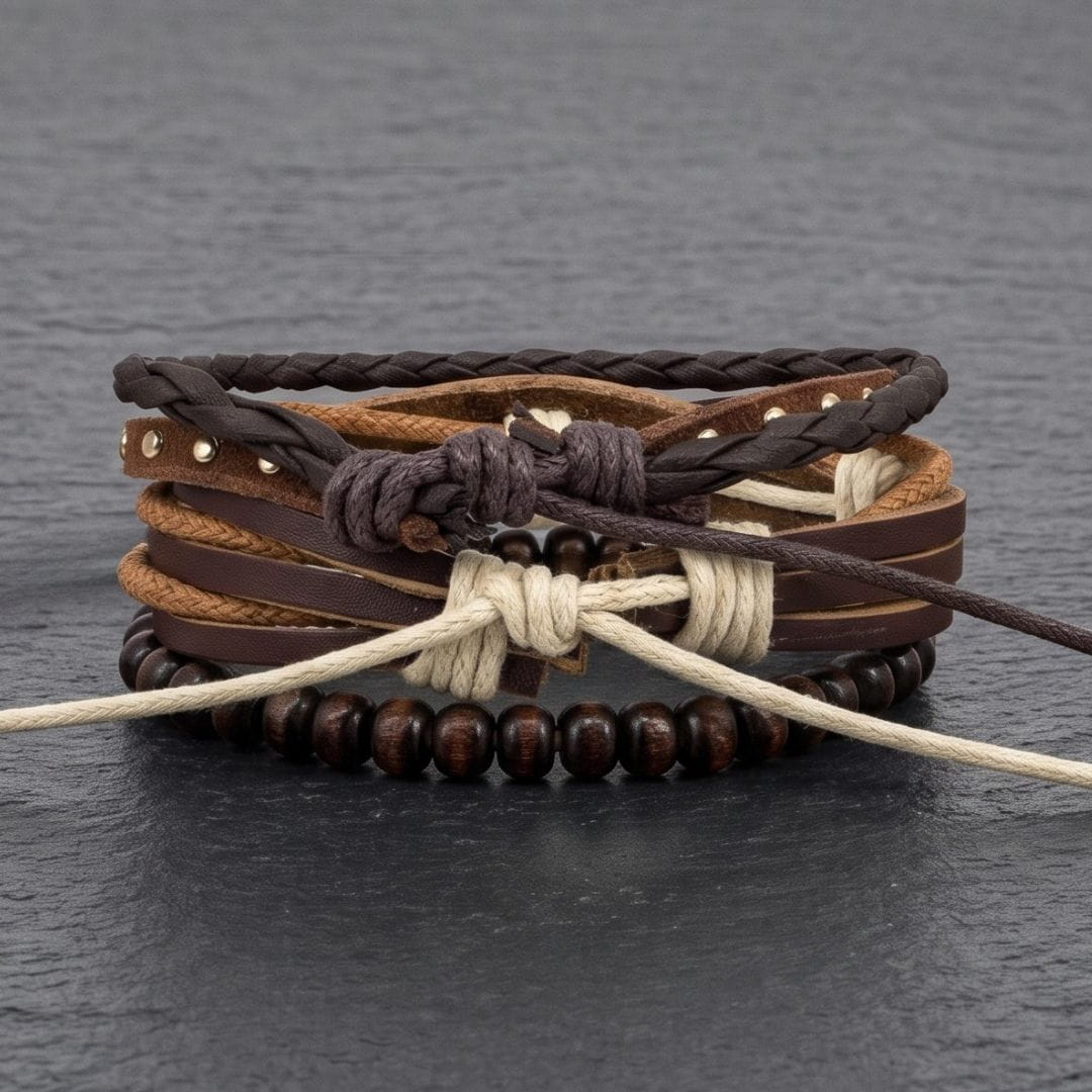 THE MEN THING Leather Bracelet DESERT STUD - 3Pcs Genuine Leather Adjustable Bracelets Set for Men & Boys