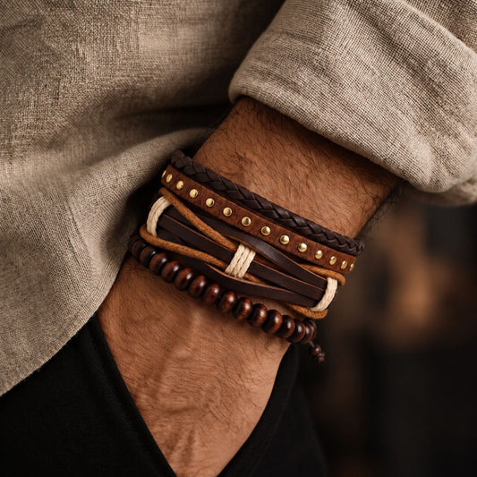 THE MEN THING Leather Bracelet DESERT STUD - 3Pcs Genuine Leather Adjustable Bracelets Set for Men & Boys