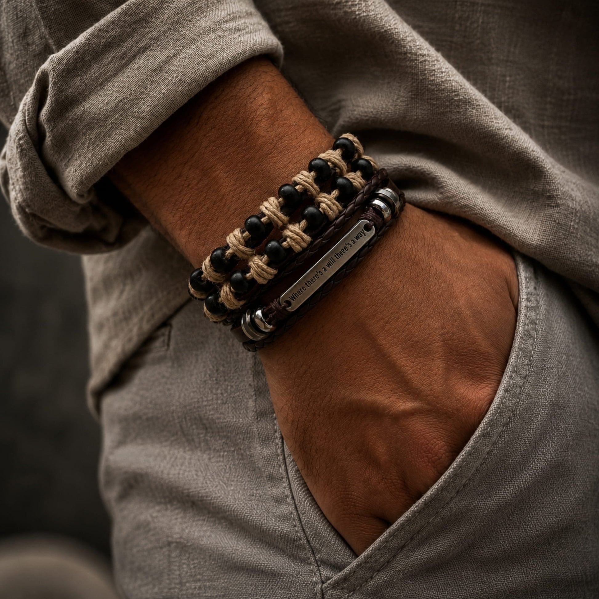 THE MEN THING Leather Bracelet DESTINY WRAP - 2 Pcs Genuine Braided Leather Bracelet Set for Men & Boys (8 inch)