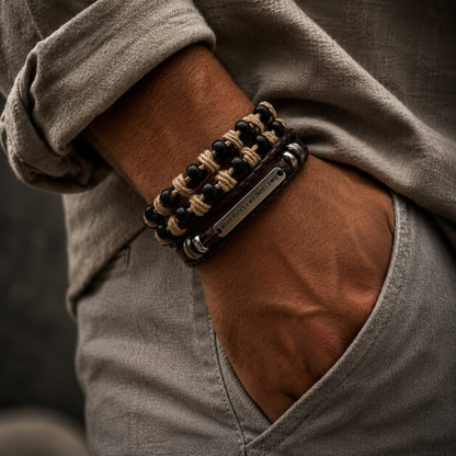 THE MEN THING Leather Bracelet DESTINY WRAP - 2 Pcs Genuine Braided Leather Bracelet Set for Men & Boys (8 inch)