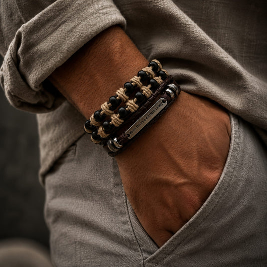 THE MEN THING Leather Bracelet DESTINY WRAP - 2 Pcs Genuine Braided Leather Bracelet Set for Men & Boys (8 inch)