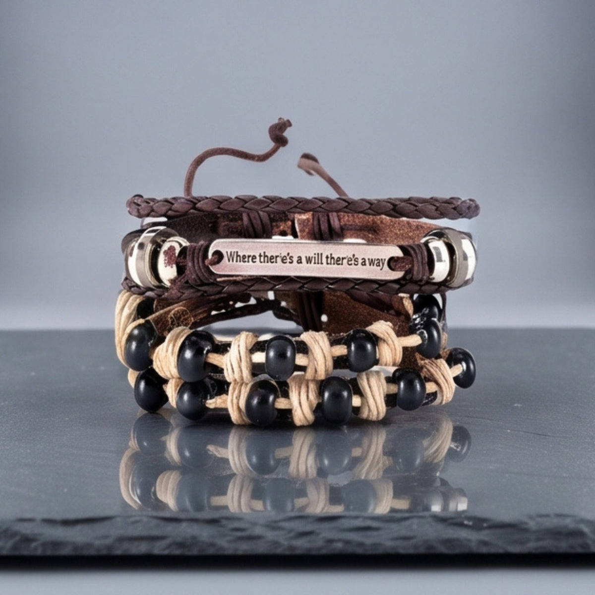 THE MEN THING Leather Bracelet DESTINY WRAP - 2 Pcs Genuine Braided Leather Bracelet Set for Men & Boys (8 inch)