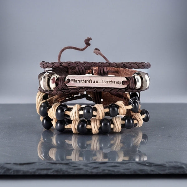 DESTINY WRAP - 2 Pcs Genuine Braided Leather Bracelet Set for Men & Boys (8 inch)
