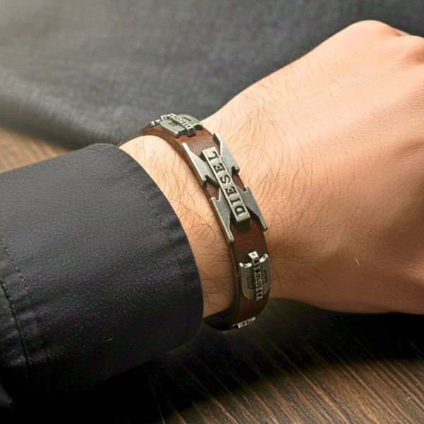 DIESEL REBEL - 14mm Black Genuine Leather Adjustable Bracelet for Men & Boys (9.8 inch)