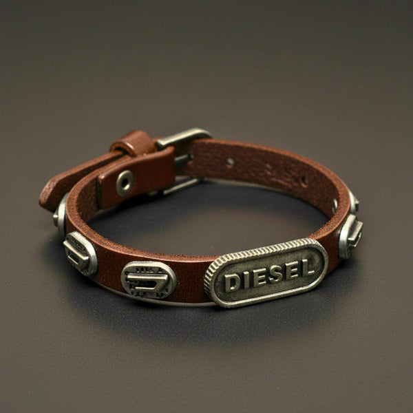 DIESEL RETRO - 10mm Brown Genuine Leather Adjustable Bracelet for Men & Boys (9.8 inch)