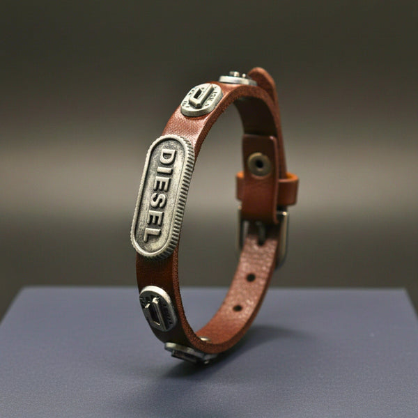DIESEL RETRO - 10mm Brown Genuine Leather Adjustable Bracelet for Men & Boys (9.8 inch)