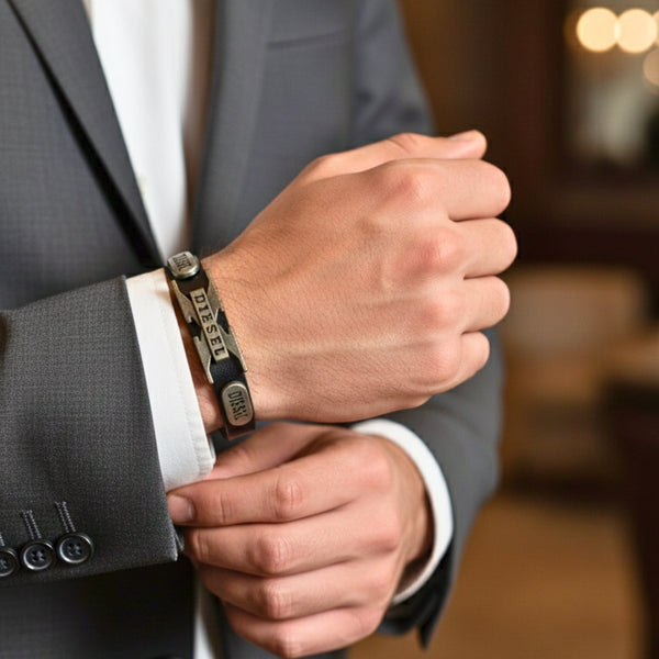 DIESEL VALOR - 14mm Black Genuine Leather Adjustable Bracelet for Men & Boys (9.8 inch)