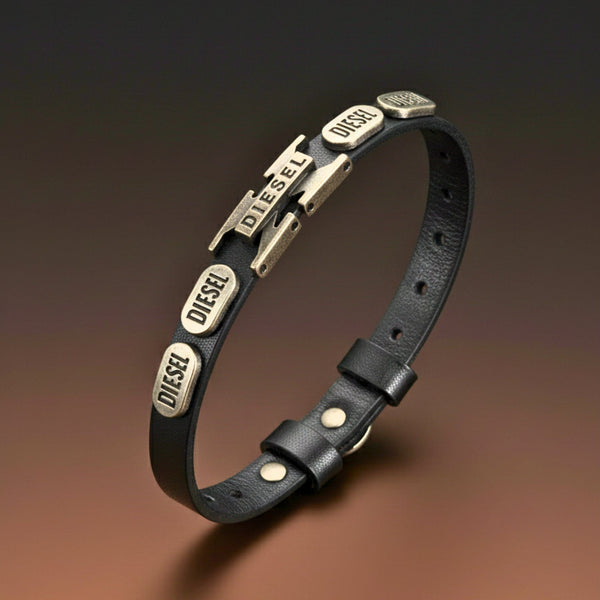 DIESEL VALOR - 14mm Black Genuine Leather Adjustable Bracelet for Men & Boys (9.8 inch)