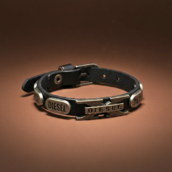 DIESEL VALOR - 14mm Black Genuine Leather Adjustable Bracelet for Men & Boys (9.8 inch)