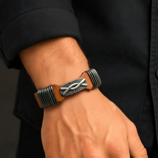 THE MEN THING Leather Bracelet DIESELCOIL HERITAGE - Brown 24mm Genuine Leather Bracelet with Stainless Steel Stud button Closure for Men & Boys (8.5 inch)