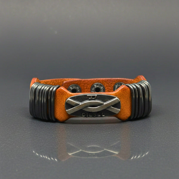 DIESELCOIL HERITAGE - Brown 24mm Genuine Leather Bracelet with Stainless Steel Stud button Closure for Men & Boys (8.5 inch)