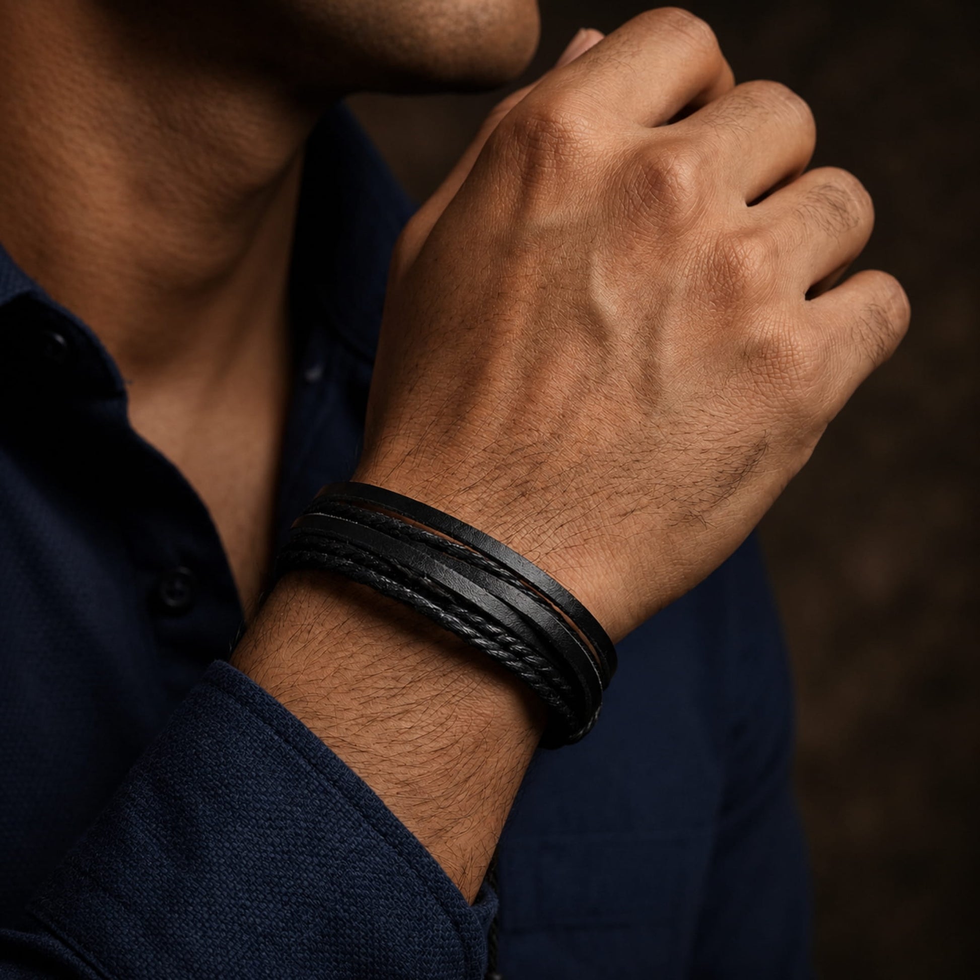 THE MEN THING Leather Bracelet DOMINATOR CUFF - Genuine Braided Leather Bracelet Set for Men & Boys (8 inch)