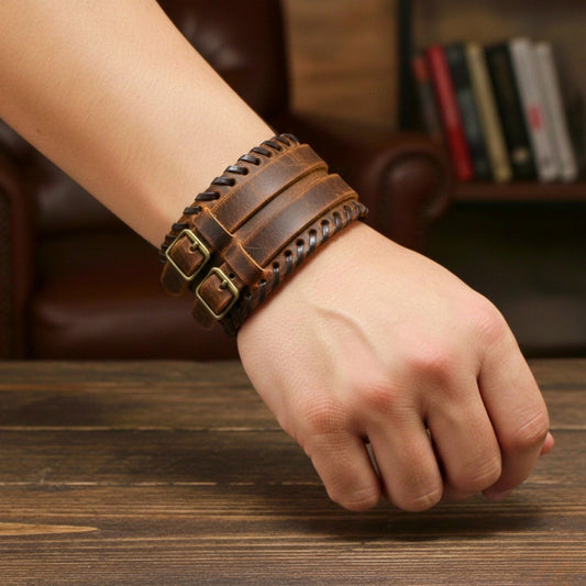 THE MEN THING Leather Bracelet DOMINION FORGE - 56mm Brown Genuine Leather Adjustable Bracelet for Men & Boys (8 inch)