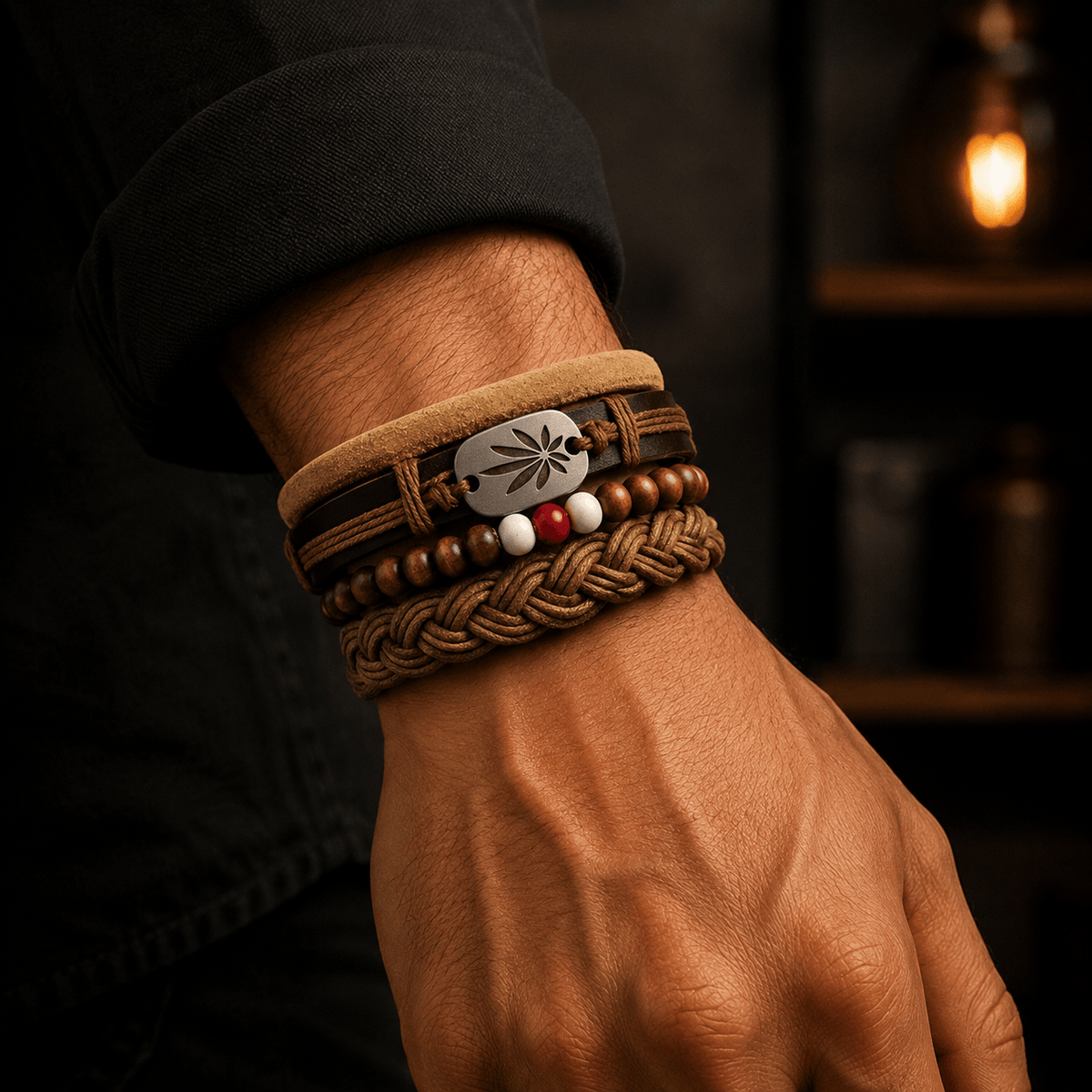 THE MEN THING Leather Bracelet DREAMCATCHER - 4 Pcs Genuine Braided Leather Bracelet Set for Men & Boys (8 inch)
