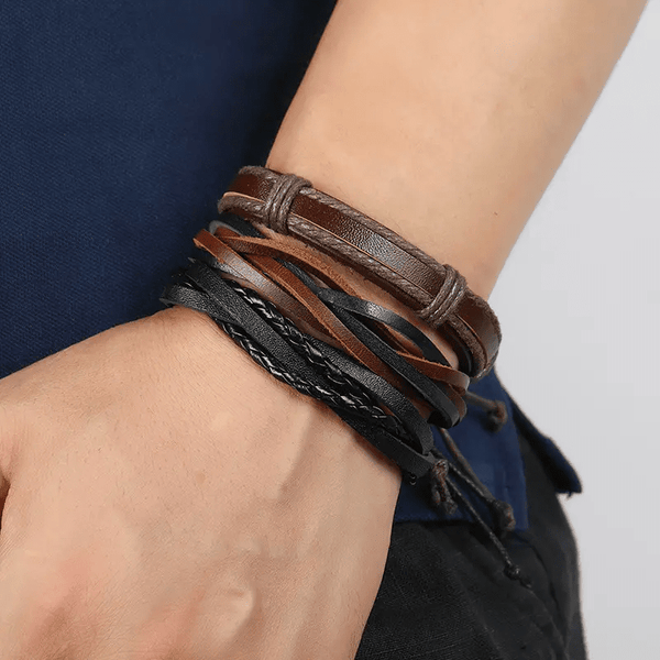 DRIFTWOOD WRAP - 6 Pcs Genuine Braided Leather Bracelet Set for Men & Boys (8 inch)