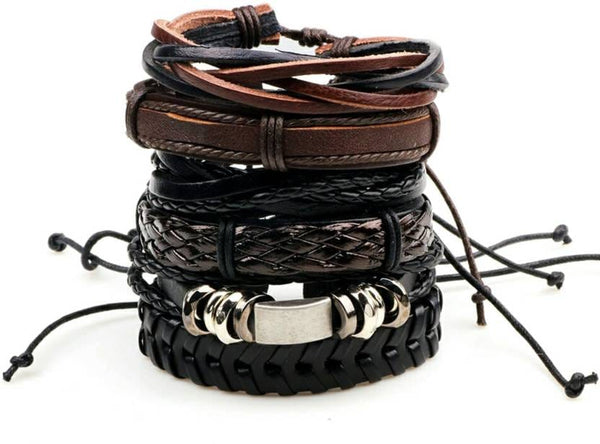 DRIFTWOOD WRAP - 6 Pcs Genuine Braided Leather Bracelet Set for Men & Boys (8 inch)