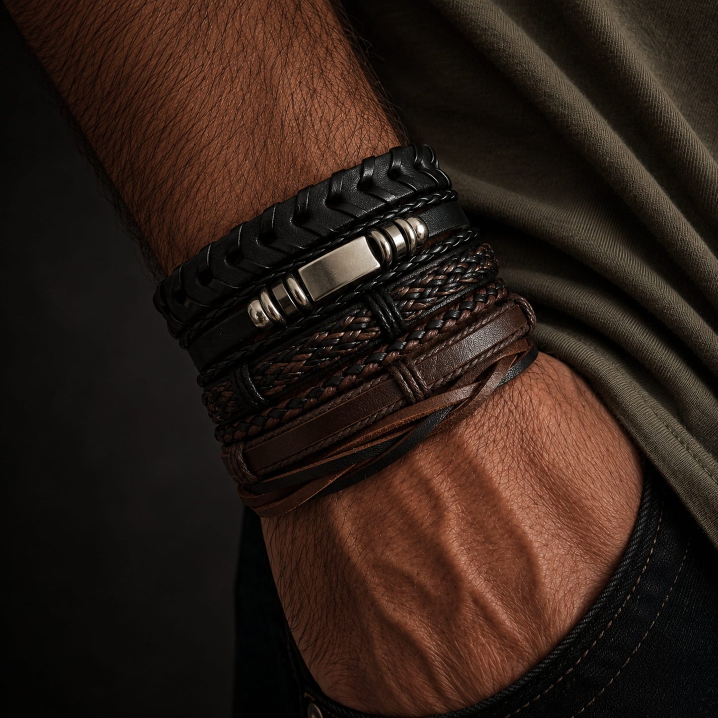 THE MEN THING Leather Bracelet DRIFTWOOD WRAP - 6 Pcs Genuine Braided Leather Bracelet Set for Men & Boys (8 inch)