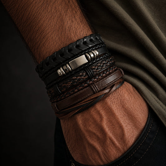 THE MEN THING Leather Bracelet DRIFTWOOD WRAP - 6 Pcs Genuine Braided Leather Bracelet Set for Men & Boys (8 inch)