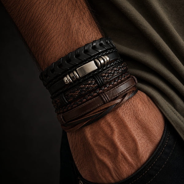 DRIFTWOOD WRAP - 6 Pcs Genuine Braided Leather Bracelet Set for Men & Boys (8 inch)