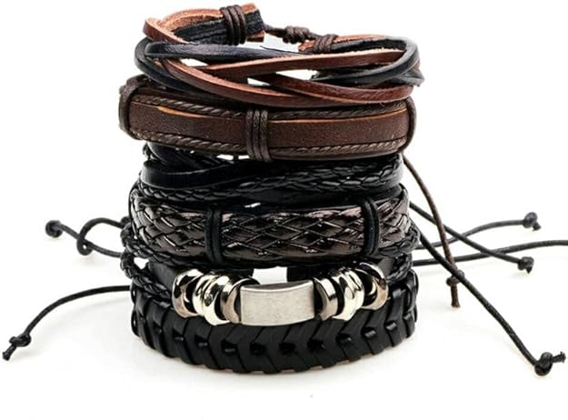 THE MEN THING Leather Bracelet DRIFTWOOD WRAP 6 Pcs Genuine Leather Adjustable Bracelet Set for Men & Boys (8 inch)