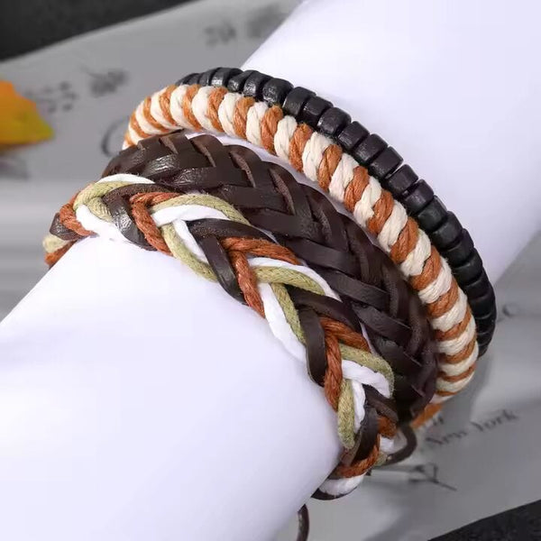 DUNE BAND -  4 Pcs Genuine Braided Leather Bracelet Set for Men & Boys (8 inch)