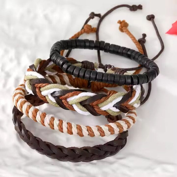 DUNE BAND -  4 Pcs Genuine Braided Leather Bracelet Set for Men & Boys (8 inch)