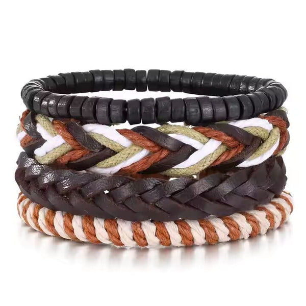 DUNE BAND -  4 Pcs Genuine Braided Leather Bracelet Set for Men & Boys (8 inch)