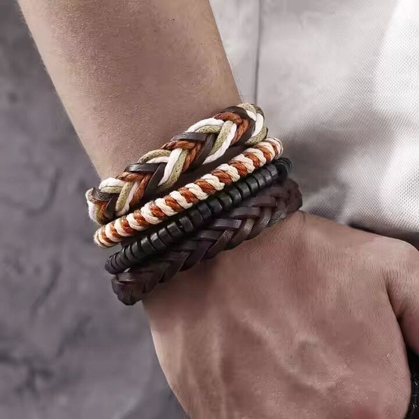DUNE BAND -  4 Pcs Genuine Braided Leather Bracelet Set for Men & Boys (8 inch)