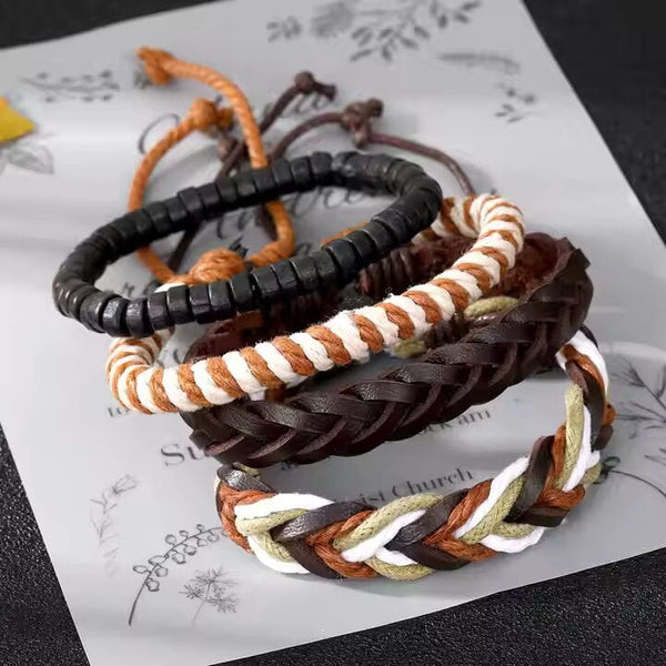 DUNE BAND -  4 Pcs Genuine Braided Leather Bracelet Set for Men & Boys (8 inch)